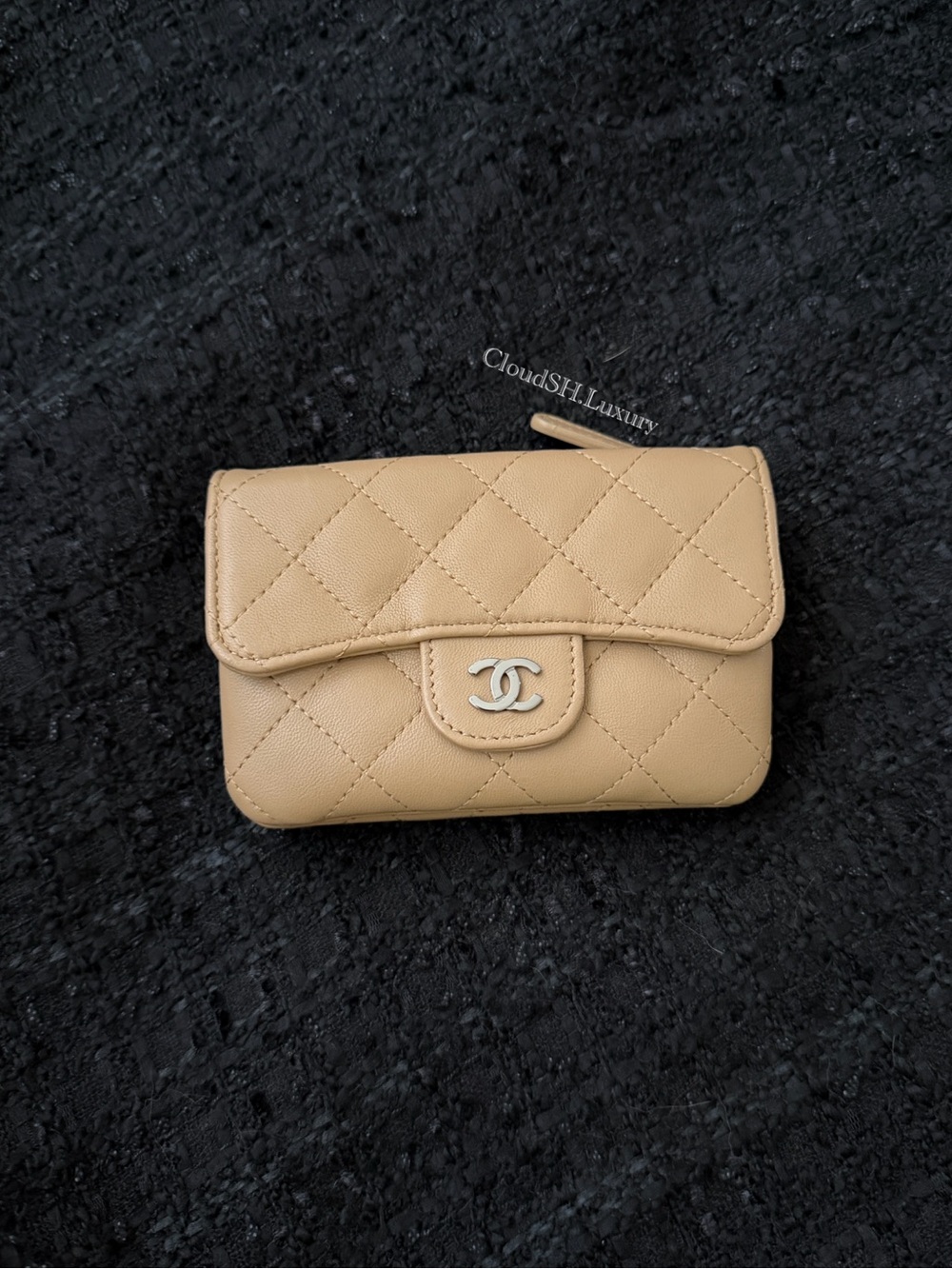 Auth Chanel Beige Lambskin Classic Flap Pouch Card Holder w/ Silver Hardware